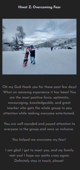 Woman snowboarding with testimony